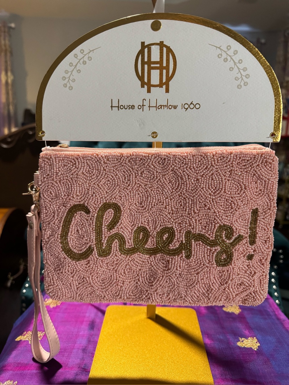 NWT House Of Harlow 1960 Beaded Cheers Wristlet Clutch Pink